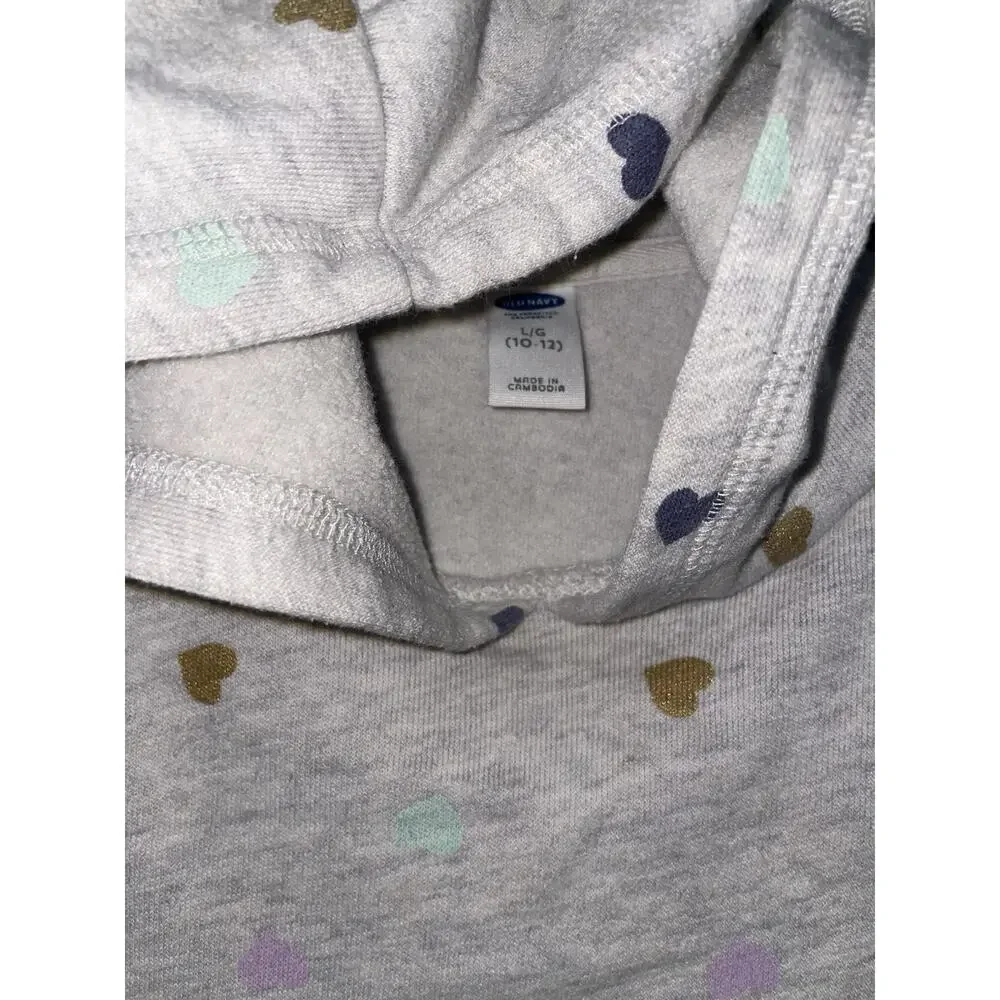 Girls Old Navy Grey Heart Hooded Sweatshirt Hoodie Sz L 10/12